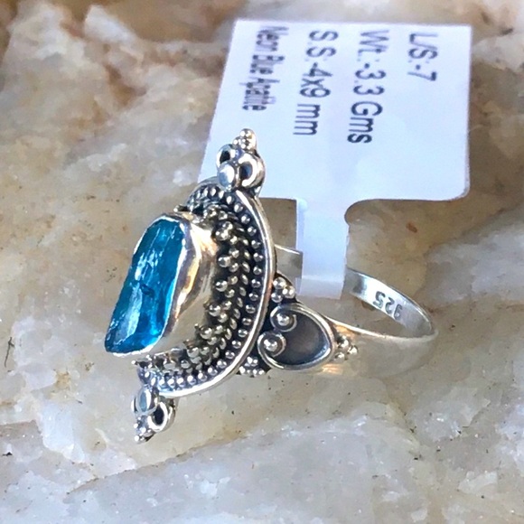 NEON BLUE APATITE Bali filigree sterling ring 7 - Picture 9 of 10